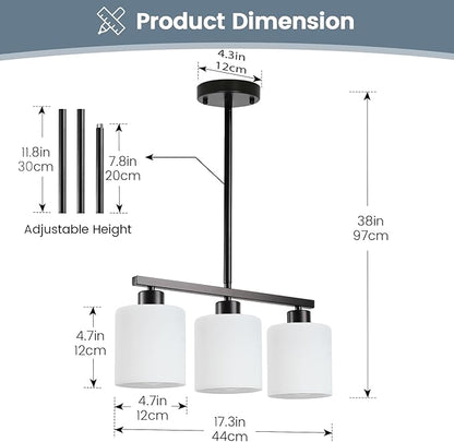 3-Light Kitchen Island Lighting, Black Pendant Light Fixture, Modern Hanging Light Fixtures with Milky White Glass, E26 Base, Bulbs Not Included
