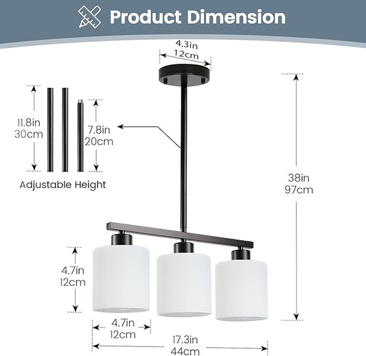 3-Light Kitchen Island Lighting, Black Pendant Light Fixture, Modern Hanging Light Fixtures with Milky White Glass, E26 Base, Bulbs Not Included
