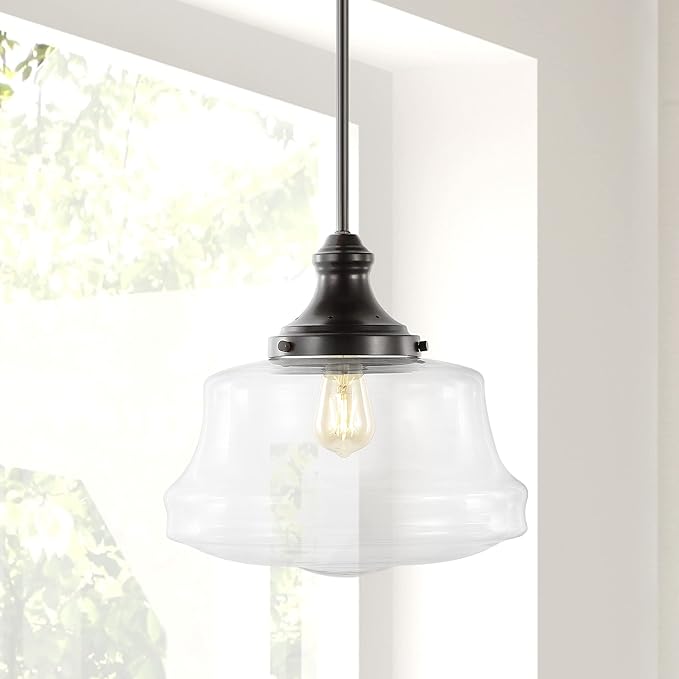 JONATHAN Y 14" Oil Rubbed Bronze 1-Light Iron and Glass Schoolhouse Pendant, Adjustable Height Bohemian Farmhouse Fixture for Kitchen Island Dining Room, LED Bulb Included JYL7585A