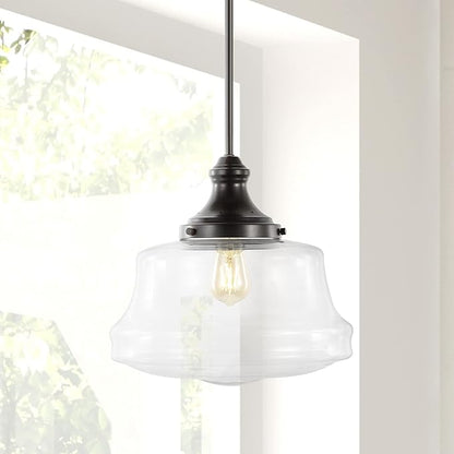 JONATHAN Y 14" Oil Rubbed Bronze 1-Light Iron and Glass Schoolhouse Pendant, Adjustable Height Bohemian Farmhouse Fixture for Kitchen Island Dining Room, LED Bulb Included JYL7585A