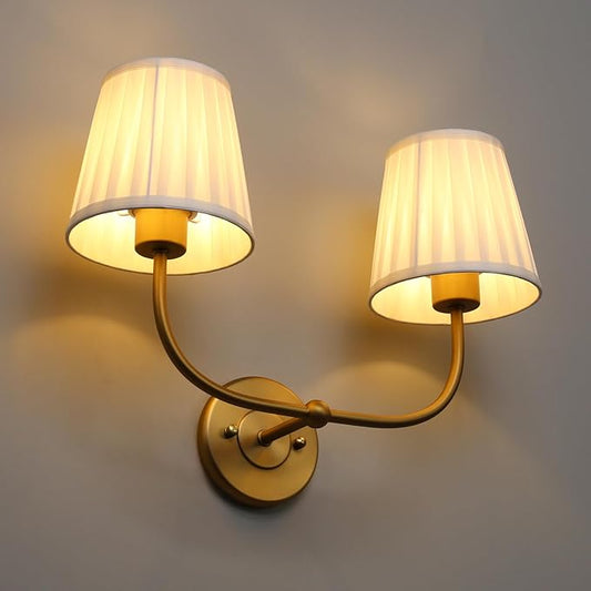 PERMO Vintage Sconce Gold 2 Lights Wall Sconces with Pleated Beige Stripe Fabric Shades Antique Bathroom Double Sconces Hardwired for Farmhouse Bedroom Hallway