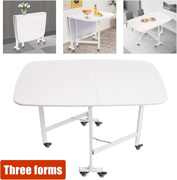 Folding Dining Table, Moveable Kitchen Desk with Wheels, Foldable Dining Table, Space Saving Desk, for Restaurant Room, Kitchen, Living Room, Rustic White, 47.2×31.5×29.5in, for 4-8 People