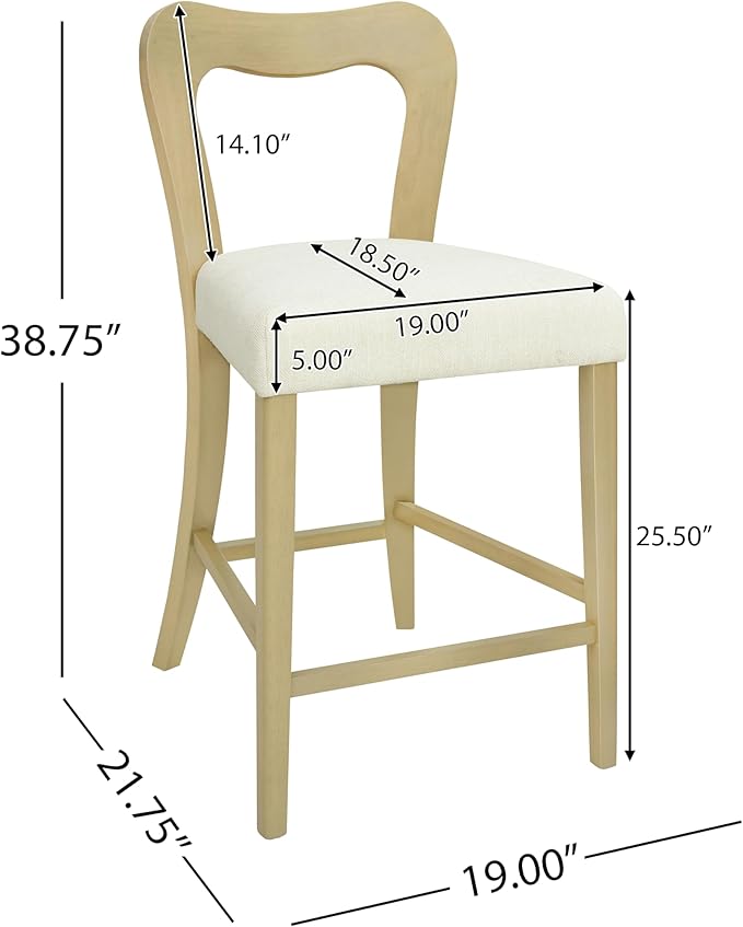 Counter Stools Without Arms Set of 2 (Light Ash + Beige) - Solid Rubberwood Frame & Fabric Seat, Ergonomic Curved Back, 300LBS Capacity for Kitchen Island, Dining Room, Home Bar