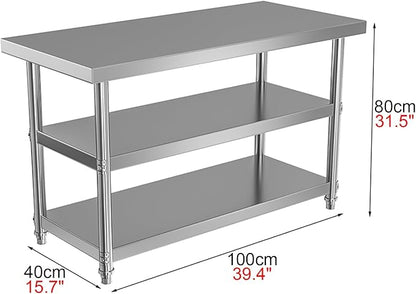 Thickened Stainless Steel Workbench Open Shelf Three Tier Prep Table Commercial Kitchen Metal Table Baking Table(39.4 * 15.7 * 31.5in)