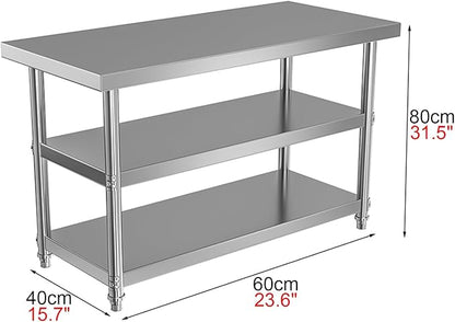 Thickened Stainless Steel Workbench Open Shelf Three Tier Prep Table Commercial Kitchen Metal Table Baking Table(23.6 * 15.7 * 31.5in)