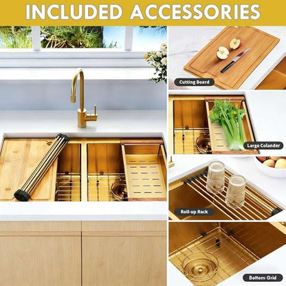 32 Inch Gold Sink Undermount Double Bowl, 16 Gauge 50/50 Double Bowl Stainless Steel Workstation Sink, 32"x19"x10" Large and Deep Kitchen Sink With Accessories