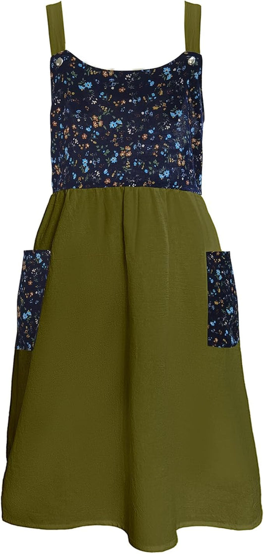 Cityelf Vintage Pinafore Apron Dress Snap Adjust Linen Cotton with Pockets Floral Aprons for Cooking Gardening