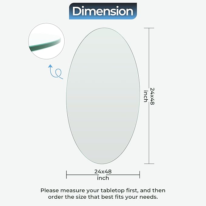 24x48" inch Oval Tempered Glass Table Top - 1/4 inch Thickness & Flat Polished Edge - Clear Surface & Scratch Resistant - Ideal for Dining Room, Kitchen, Side, Office, Patio & Round Coffee Tables