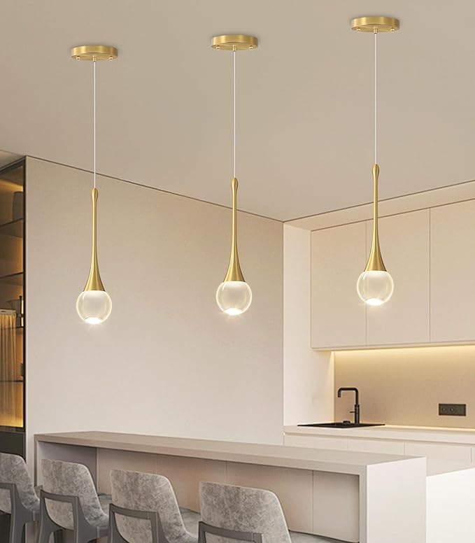 Modern Kitchen Island Pendant Lights Dimmable LED Crystal Chandelier Hanging Pendant Chandelier Gold 3 Pack