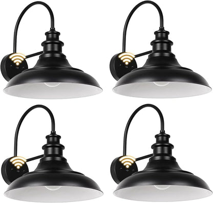 Dusk to Dawn Sensor Outdoor Barn Light Fixtures, 12.3 Inch Dome Farmhouse Outdoor Wall Sconces, Exterior Wall Mount Lights, Industrial Black White Wall Lanterns for Porch, DDRZ004-4 BK+WH