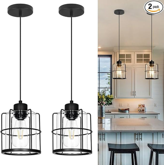 5.91in Industrial Black Pendant Lights Kitchen Island, Glass Island Pendant Lights Set of 2, Small Ceiling Kitchen Island Lights with Adjustable Cord, Farmhouse Hanging Light for Hallway Bathroom