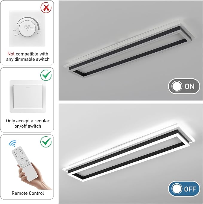 Dimmable Led Ceiling Light with Remote Control 31.5in Modern Linear Flush Mount Ceiling Lighting Fixture Acrylic Long Ceiling Lamp for Living Room Kitchen Dining Room Hallway (Black, 2 Packs)