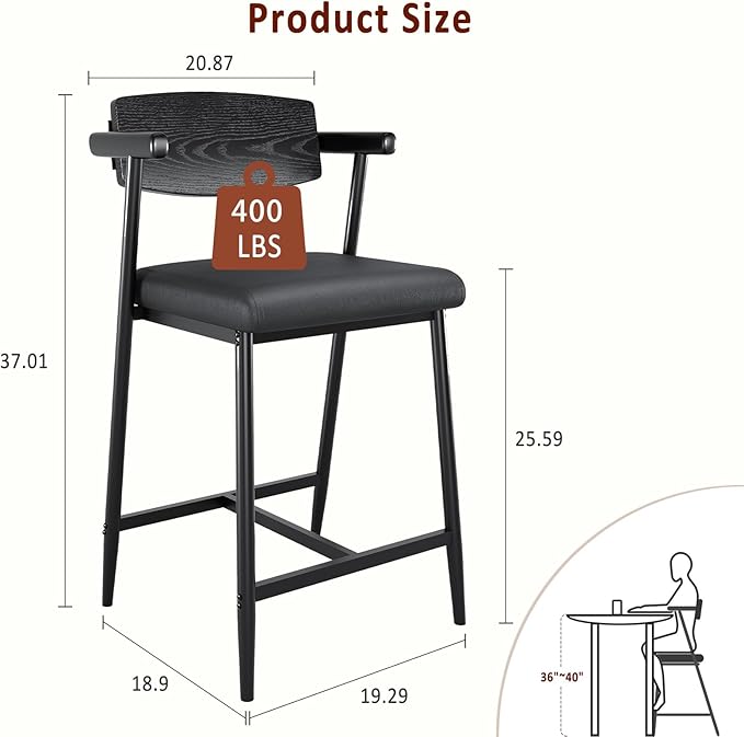 GarveeHome Counter Height Bar Stools Set of 2 with Arms, 26 in Upholstered Modern Bar Stools Set with Wood Back & Footrest for Kitchen Island, Counter Bar, Wider Seat, Easy Assembly,Retro Black