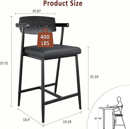 GarveeHome Counter Height Bar Stools Set of 2 with Arms, 26 in Upholstered Modern Bar Stools Set with Wood Back & Footrest for Kitchen Island, Counter Bar, Wider Seat, Easy Assembly,Retro Black