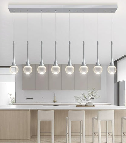 Rectangular Crystal Pendant Lights for Kitchen Island 8 Light Dimmable Crystal Chandelier Lighting Fixtures with Remote for Dining Room Living Room Silver
