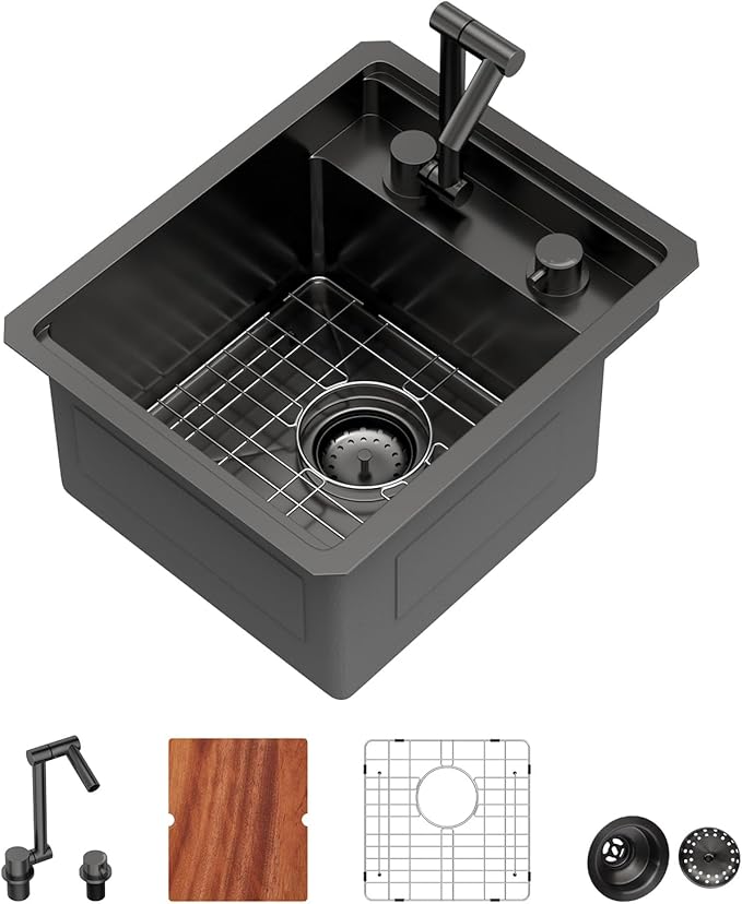 15 Inch Outdoor Undermount Bar Sink With Faucet and Cover - Beslend 15x18x9 Undermount Kitchen Sink Workstation 16 Gauge Stainless Steel Single Bowl Sinks Under Counter Indoor Outdoor Black