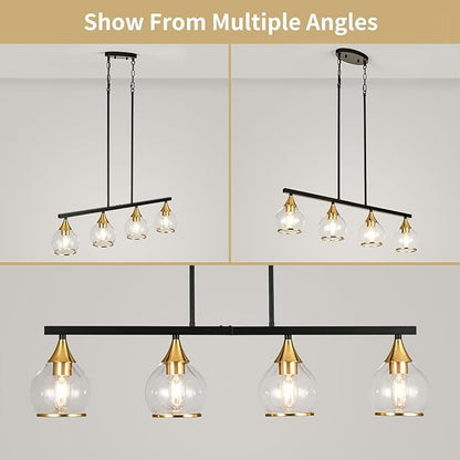 Island Light for Kitchen, 4-Light Kitchen Island Chandeliers Black and Gold Linear Hanging Pendant Light, Matte Black Farmhouse Dining Room Light Fixture Over Table with Clear Round Glass Shades