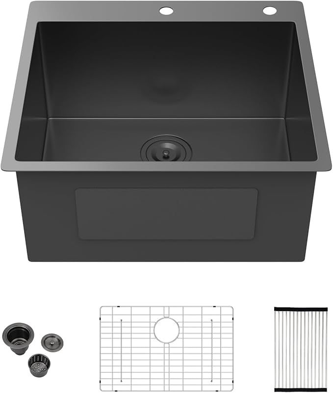 Kichae 25 Inch Black Laundry Sink - 25x22 Kitchen Sink Drop In Utility Sink 12" Deep Sink Topmount Single Bowl Stainless Steel RV Laundry Sinks Handmade with Accessories