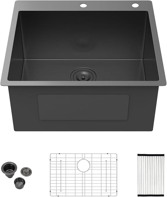 Kichae 25 Inch Black Laundry Sink - 25x22 Kitchen Sink Drop In Utility Sink 12" Deep Sink Topmount Single Bowl Stainless Steel RV Laundry Sinks Handmade with Accessories