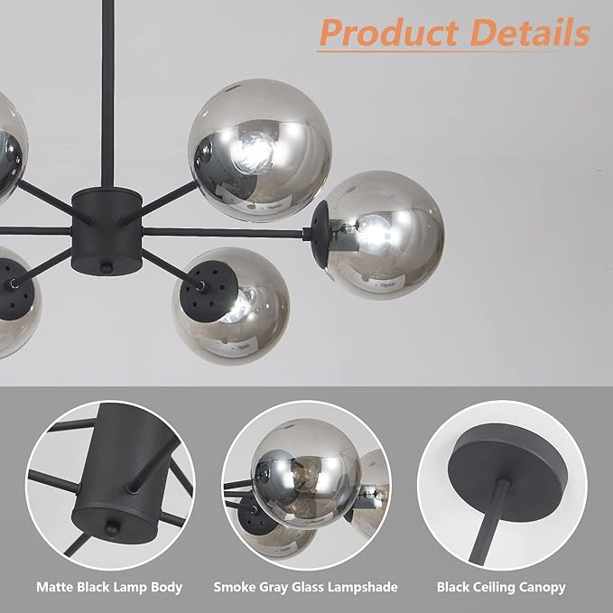 KCO Lighting Mid Century Modern Globe Sputnik Chandelier 6-Light Smoke Gray Glass Globe Flush Mount Ceiling Light Black Farmhouse Kitchen Island Lighting Fixture (Black+Smoke Gray)