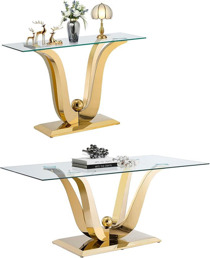 Luxury Glass Coffee Table Set of 2 Piece Gold Living Room Table Set of 2 Including Coffee and Sofa Table Set, Gorgeous Stainless Steel Frame, Clear Glass Top for Living Room Home Office Apartment