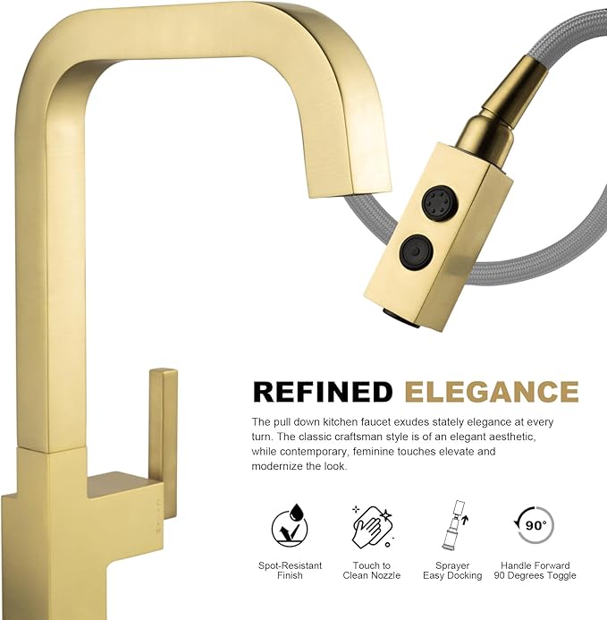 Brushed Gold Kitchen Faucet with Pull Down Sprayer, Lava Odoro Gold Single Handle Kitchen Sink Faucet, Gold Faucet for Kitchen Sink with Magnetic Docking Spray Head, Deck Plate, KF182-SG