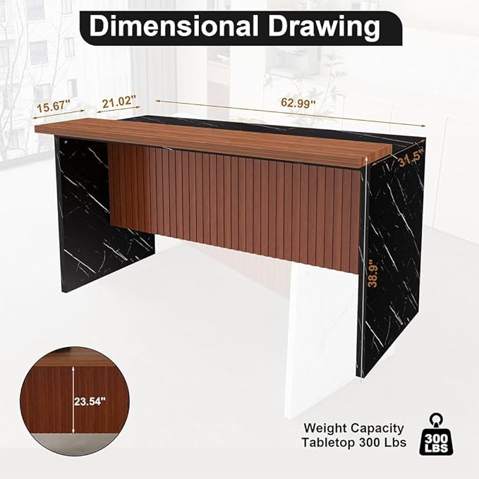 63" Large Imitation Marble Dining Table with LED Lights, Modern Kitchen Island Table for 4–6 People, Bar Height Dining Table with Marble Stripes & Grille Base Design,Black