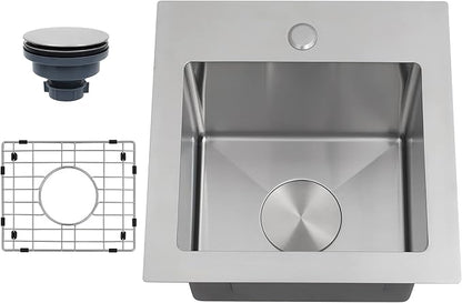 Drop In Bar Sink 15 X 15 inch,16 Gauge Stainless Steel Bar Sink,Outdoor Small RV Sinks,Top Mount Prep Sink for Wet Bar Area (15" X 15")