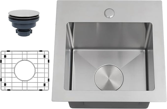 Drop In Bar Sink 15 X 15 inch,16 Gauge Stainless Steel Bar Sink,Outdoor Small RV Sinks,Top Mount Prep Sink for Wet Bar Area (15" X 15")