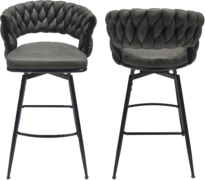 GOWE 28" Technical Leather Woven Bar Stool Set of 2,Black Legs Barstools No Adjustable Kitchen Island Chairs,360 Swivel Bar Stools Upholstered Counter Stool Arm Chairs with Back Footrest (Tan)