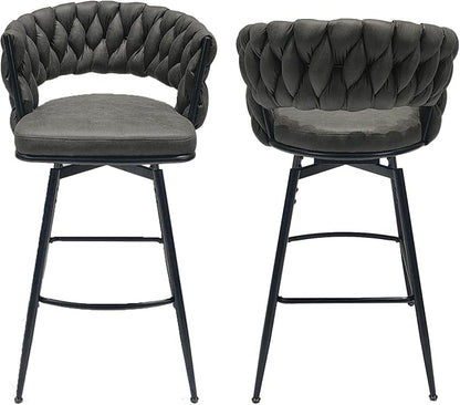 GOWE 28" Technical Leather Woven Bar Stool Set of 2,Black Legs Barstools No Adjustable Kitchen Island Chairs,360 Swivel Bar Stools Upholstered Counter Stool Arm Chairs with Back Footrest (Tan)