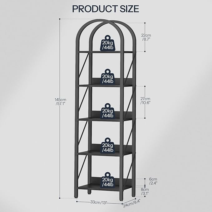 HOOBRO Bookshelf, 5-Tier Bookshelf Arched Display Racks, Industrial Bookcase with Metal Frame, Book Shelf Storage Organizer for Living Room, Office, Bedroom, Black BB425SJ01