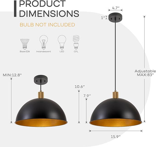 16 Inch Black Dome Pendant Lights for Kitchen Island, Height Adjustable Farmhouse Industrial Hanging Light Fixtures Over Table for Dining Room, Entryway, 1 Pack