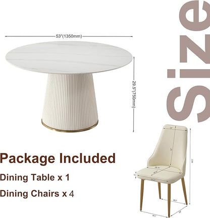 Modern 53" Round Dining Table Sintered Stone Top, Luxury 4-6 Person Kitchen Table with Metal Wood Leather Base, Easy Assembly Circular Dinner Table for Large Family