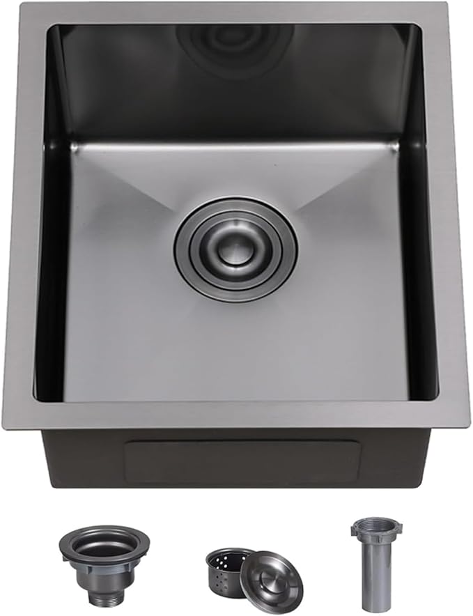 VCCUCINE Gunmetal Black Undermount Bar Sink, 15x17 Inch RV Small Single Bowl Kitchen Sink, Outdoor Stainless Steel Wet Bar Prep Sink with Drain