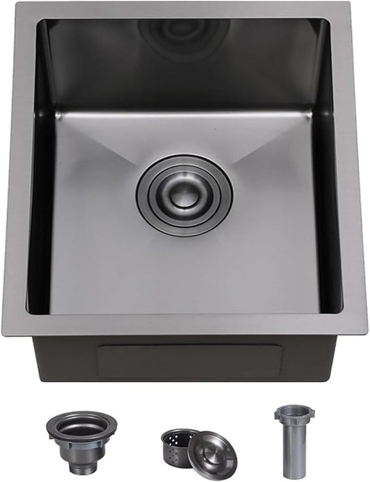 VCCUCINE Gunmetal Black Undermount Bar Sink, 15x17 Inch RV Small Single Bowl Kitchen Sink, Outdoor Stainless Steel Wet Bar Prep Sink with Drain