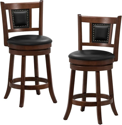 ERGOMASTER Swivel Bar Stools Set of 2-25.5 Inch Counter Height with Footrest, 360° Spin & Extra Wide Seat, Vintage Rubber Wood Frame, 250 lbs Capacity, Kitchen Island Stools for Small Spaces