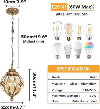 Outdoor Pendant Light Fixtures for Porch, Waterproof Exterior Lantern Glass Vintage Hanging Ceiling Light Retro Aluminum Outside Chandelier for Porch Patio Entryway Farmhouse (22cm/8.7",Gold)