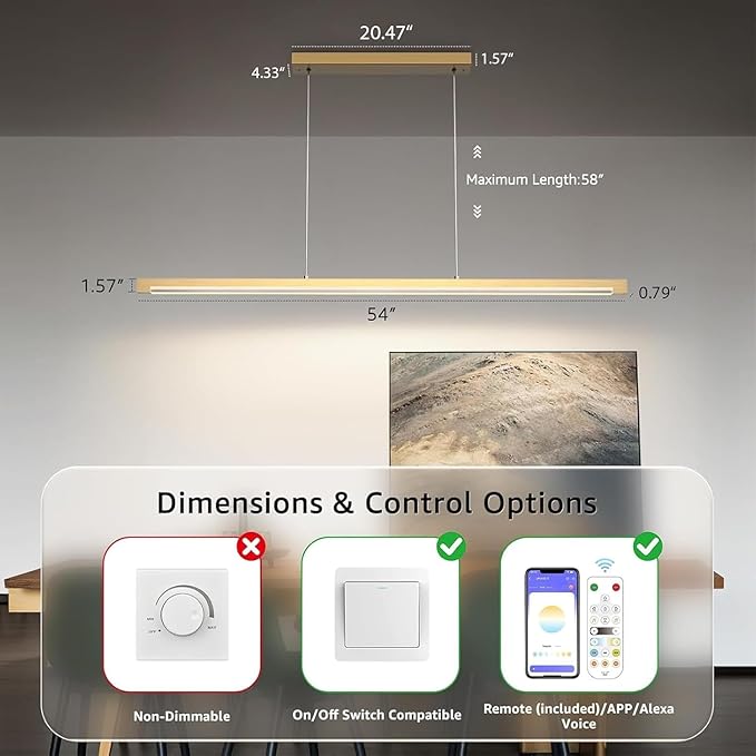 2-Pack 40W Gold Linear Pendant Light Aluminum, 54" CCT 3000K-6000K Dimmable Kitchen Island Lighting with Remote App Control, Adjustable LED Lights, Dining Room Chandelier for Home Office