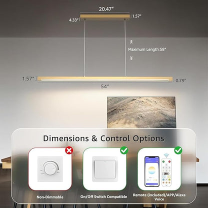 2-Pack 40W Gold Linear Pendant Light Aluminum, 54" CCT 3000K-6000K Dimmable Kitchen Island Lighting with Remote App Control, Adjustable LED Lights, Dining Room Chandelier for Home Office