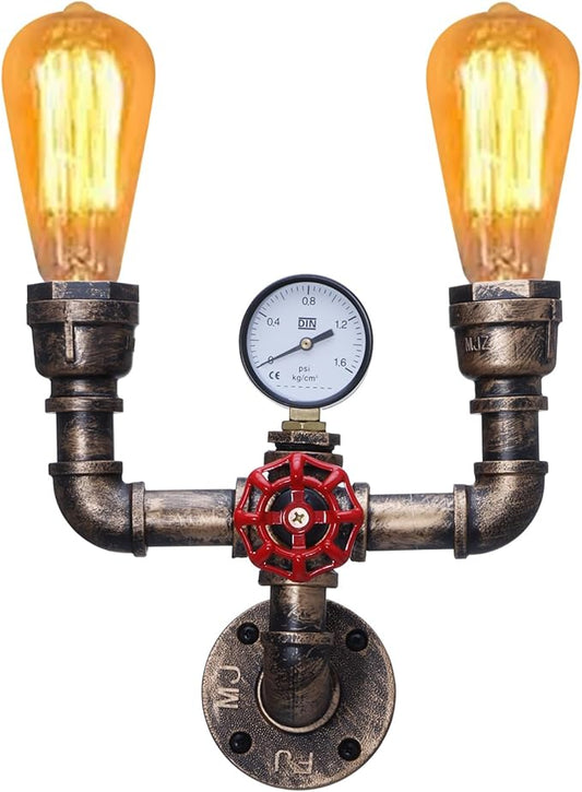 XEYOU Retro Wall lamp Vintage Industrial Steampunk Wall Sconce 2 Lights Metal Water Pipe Style Wall Mounted Lamp Light Fixture E26 Edison Bulb for Cafe Bar Loft Restaurant Hallway (Golden Rust)