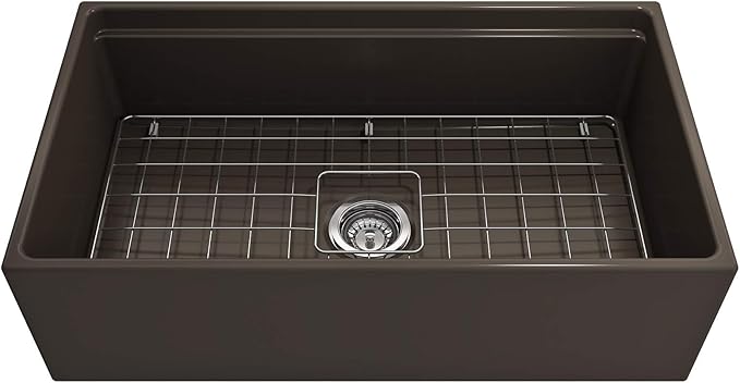BOCCHI Contempo Workstation Apron Front Step Rim Fireclay 33 in. Single Bowl Kitchen Sink with Accessories in Matte Brown