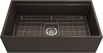 BOCCHI Contempo Workstation Apron Front Step Rim Fireclay 33 in. Single Bowl Kitchen Sink with Accessories in Matte Brown
