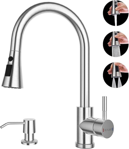 Kitchen Faucets with Soap Dispenser, Brushed Nickel Kitchen Faucet with Pull Down Sprayer 3 Modes, Stainless Steel Modern Kitchen Sink Faucets High Arch Single Handle Faucet