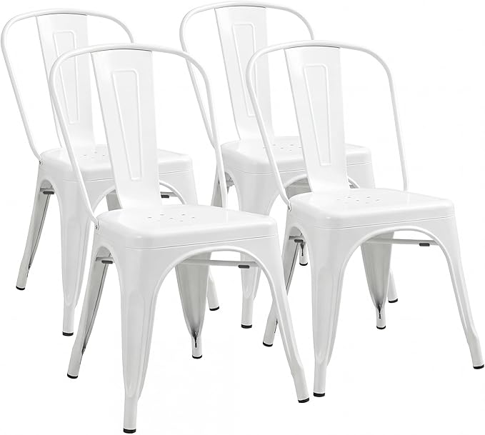 Shahoo Metal Dining Chairs Classic Iron Stackable Industrial Vintage Trattoria with Back, Indoor-Outdoor Side Settee for Home Bistro Cafe Kitchen Restaurant Set of 4, White