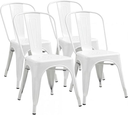 Shahoo Metal Dining Chairs Classic Iron Stackable Industrial Vintage Trattoria with Back, Indoor-Outdoor Side Settee for Home Bistro Cafe Kitchen Restaurant Set of 4, White