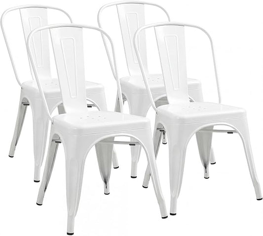 Shahoo Metal Dining Chairs Classic Iron Stackable Industrial Vintage Trattoria with Back, Indoor-Outdoor Side Settee for Home Bistro Cafe Kitchen Restaurant Set of 4, White