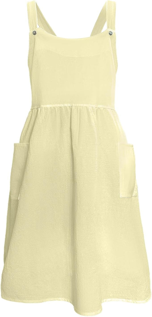 Cityelf Vintage Pinafore Apron Dress Snap Adjust Linen Cotton with Pockets Floral Aprons for Cooking Gardening