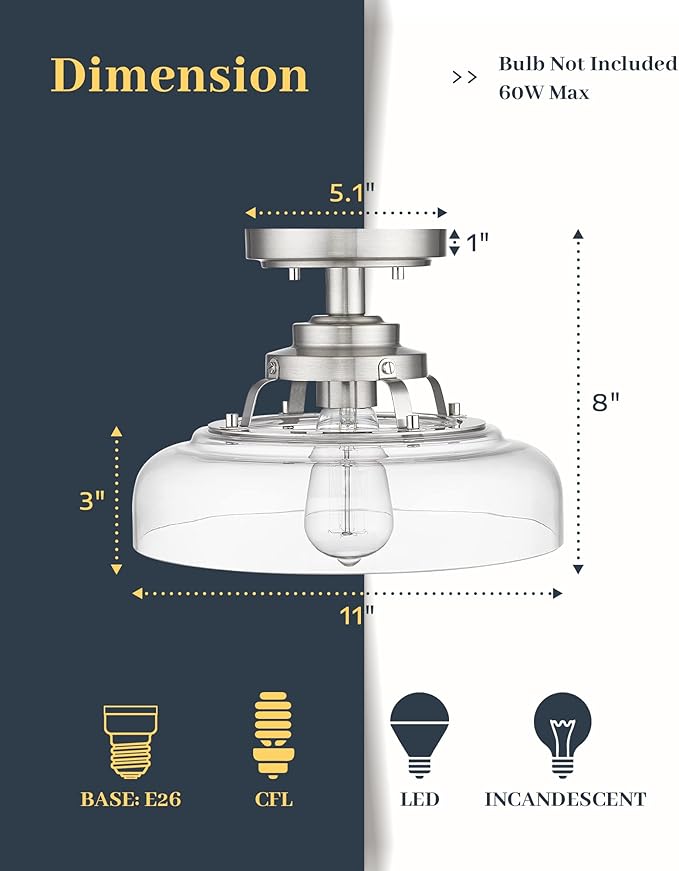 EAPUDUN Semi Flush Mount Ceiling Light, Farmhouse Close to Ceilight Lighting Fixture, Brushed Nickel Finish, Clear Glass Pendant Lamp Shade, SMA1307-BNK