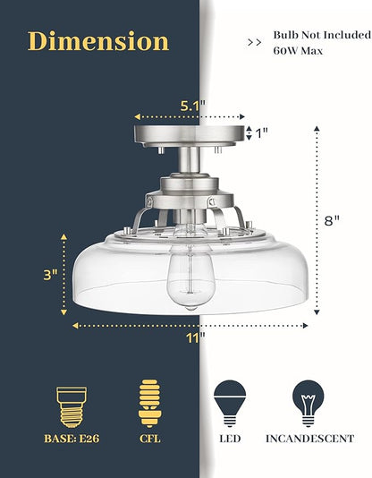 EAPUDUN Semi Flush Mount Ceiling Light, Farmhouse Close to Ceilight Lighting Fixture, Brushed Nickel Finish, Clear Glass Pendant Lamp Shade, SMA1307-BNK